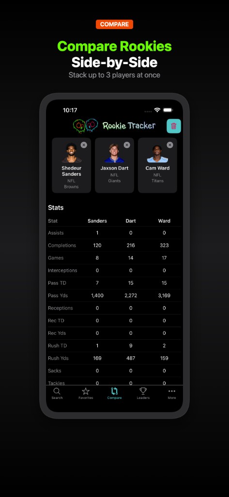 Compare screen with three NFL quarterbacks and a stat comparison table.