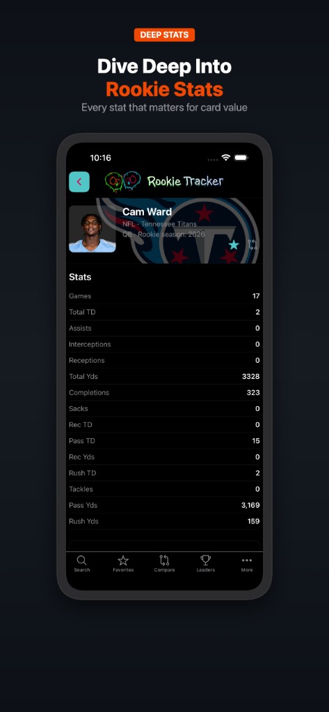 Player profile for an NFL rookie with detailed stat rows and team branding.