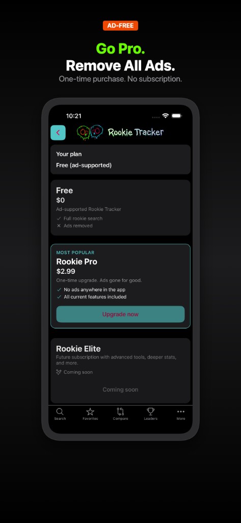 Rookie Pro upgrade screen with Free, Rookie Pro one-time purchase, and Rookie Elite coming soon.